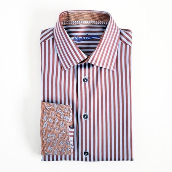 Robert Graham Other - Robert Graham Shirt Twill Striped Button Up Flip Cuff Blue Brown Mens S